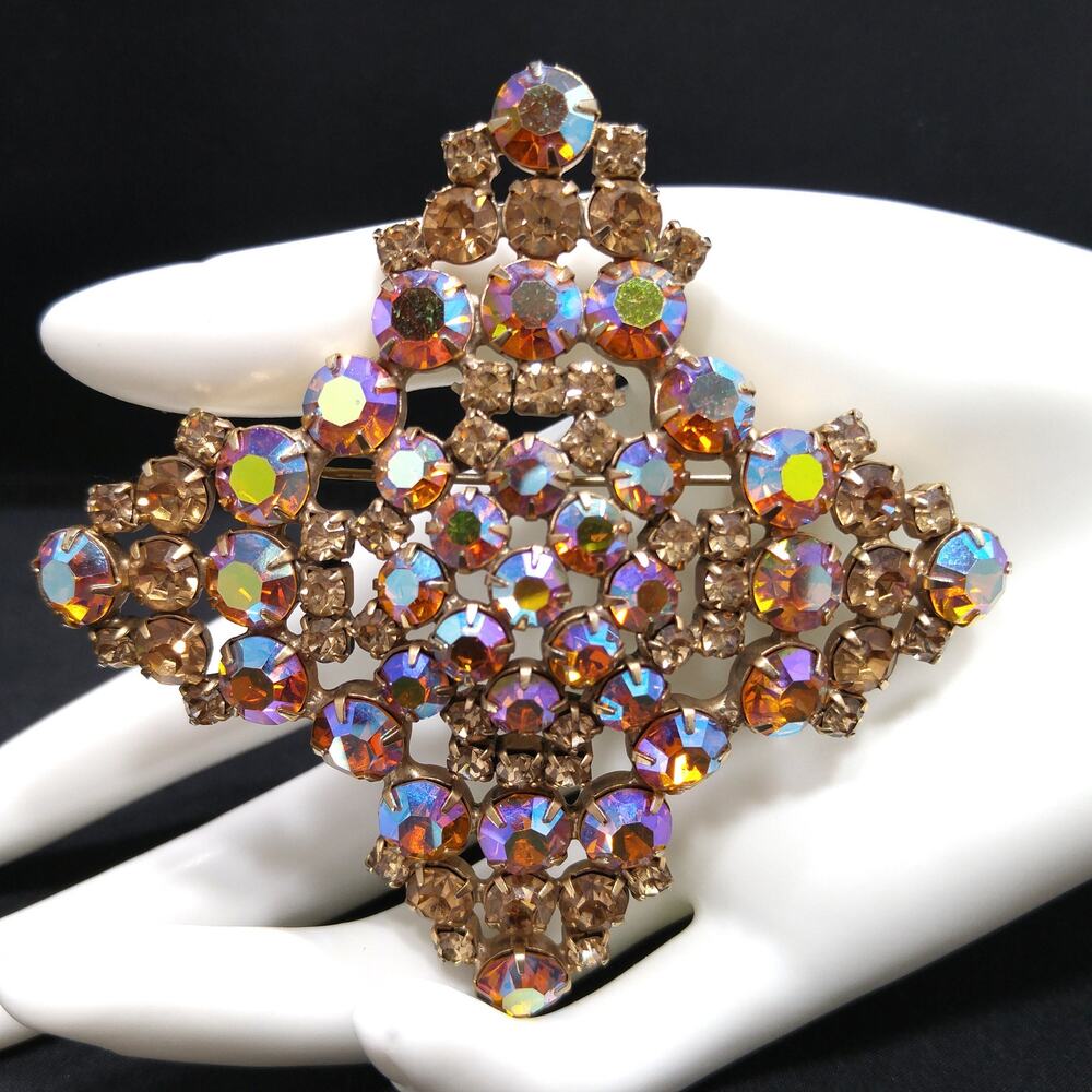 Topaz Glass Rhinestone Large Brooch, Aurora Borealis, 1960s Vintage Jewelry